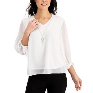 Jm Collection Womens Petite Tie-Sleeve Necklace Top, White, Size PET